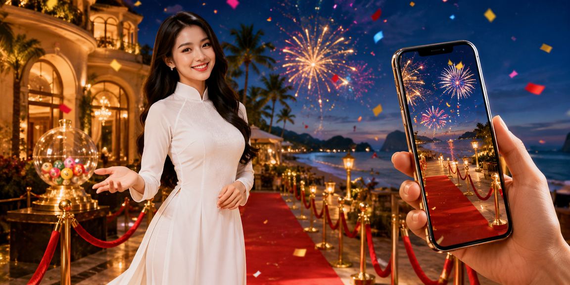 Bối cảnh Côn Đảo với chủ đề xổ số và áo dài Việt Nam truyền thống